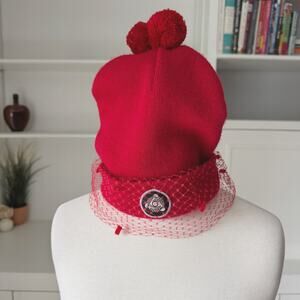 Silver Spoon Attire Red Mesh Veil Pom Pom Beanie Hat